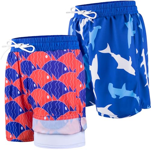 BIG ELEPHANT 2 Packs Boys Swim Trunks with Compression Liner, UPF 50+ Kids Bathing Suit, Quick Dry Swimming Shorts