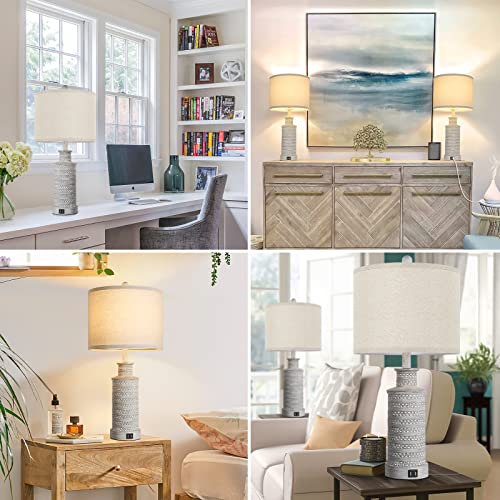 Table Lamps For Bedrooms, Set Of 2 Resin Bedside Lamps With Cream Drum Shade, 25.5'' Modern Grey End Table Lamps With Rotary Switch For Living Room,Rustic Nightstand Lamps For Reading Study #TOP6