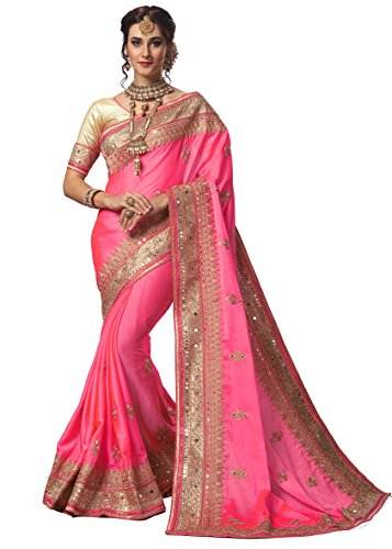 Nivah Fashion Women's Satin Embroidery Work Saree with Blouse Piece K715(Pink)