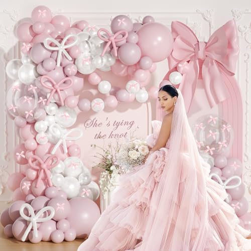 Image of Pink and White Bow Balloon Arch Kit,JOGAMS 199Pcs Coquette Birthday Decorations with 260 Bubble Pearl White Balloons Ribbon Bow for Coquette Bow Birthday Baby Shower Wedding Bachelorette Bridal Shower