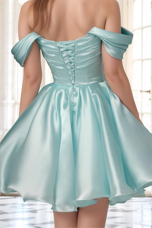 Off The Shoulder Homecoming Dress Satin Short Prom Dress A Line Strapless Pleated Mini Cocktail Party Gown2