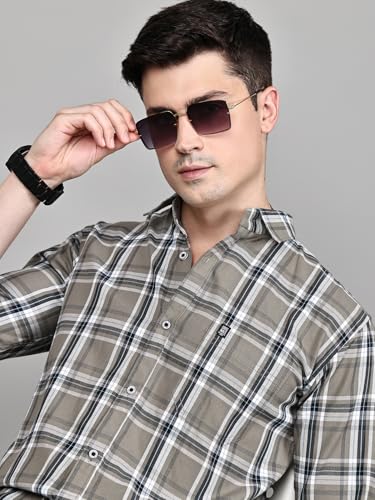 Image of Majestic Man Stylish Slim Fit Cotton Spread Collar Checked Casual Shirt for Men