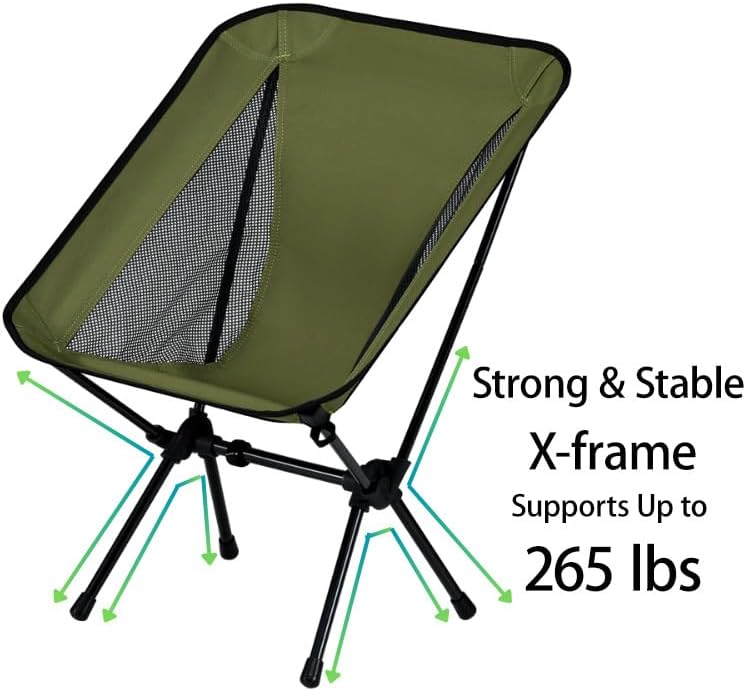 Miniatura 4 de Silla de camping plegable esencial ligera y portátil, resistente con marco X, capacidad de 264.6 lbs, plegable con bolsa de transporte,