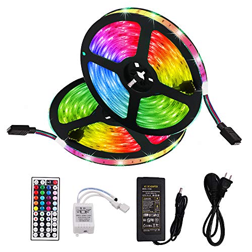 XUNATA LED Strip Lights, Waterproof Flexible RGB LED Strip Light Kit, 33ft/10m 5050 SMD 300 LEDs with 44 IR Controller and Power Adapter, Adhesive Tape Strip for Home and TV Decoration