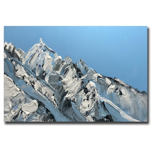V-inspire Art, 30x45 inch Wall Art Hand-Painted Framed Snow Mountain Oil Painting On Canvas Modern Nature Artwork for Living Room Bedroom Décor Blue Mountain range Ready to Hang