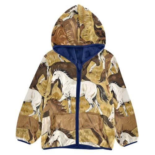 Horses Running in Field Pattern Toddler Fleece Jacket Girl Boys Hooded Fleece Jacket Coat Warm Outwear Zip-up 3-10T