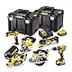 DeWalt 18-V-Akku-Elektrowerkzeug-Kit, ideal für die Holzbearbeitung, DCK665P3T-GB. Mit DCD796 — bürstenloser 2-Gang-Kombibohrer, bürstenloser DCP580 Hobel, bürstenloses Multifunktionswerkzeug DCS355 + Zubehör DCS391-Kreissäge, DCS331 Stichsäge, kabelloses DCL050-Licht und DCB184 XR 5,0 Ah Li-Ion-Akkus x 3 + Multi-Voltage-Ladegerät