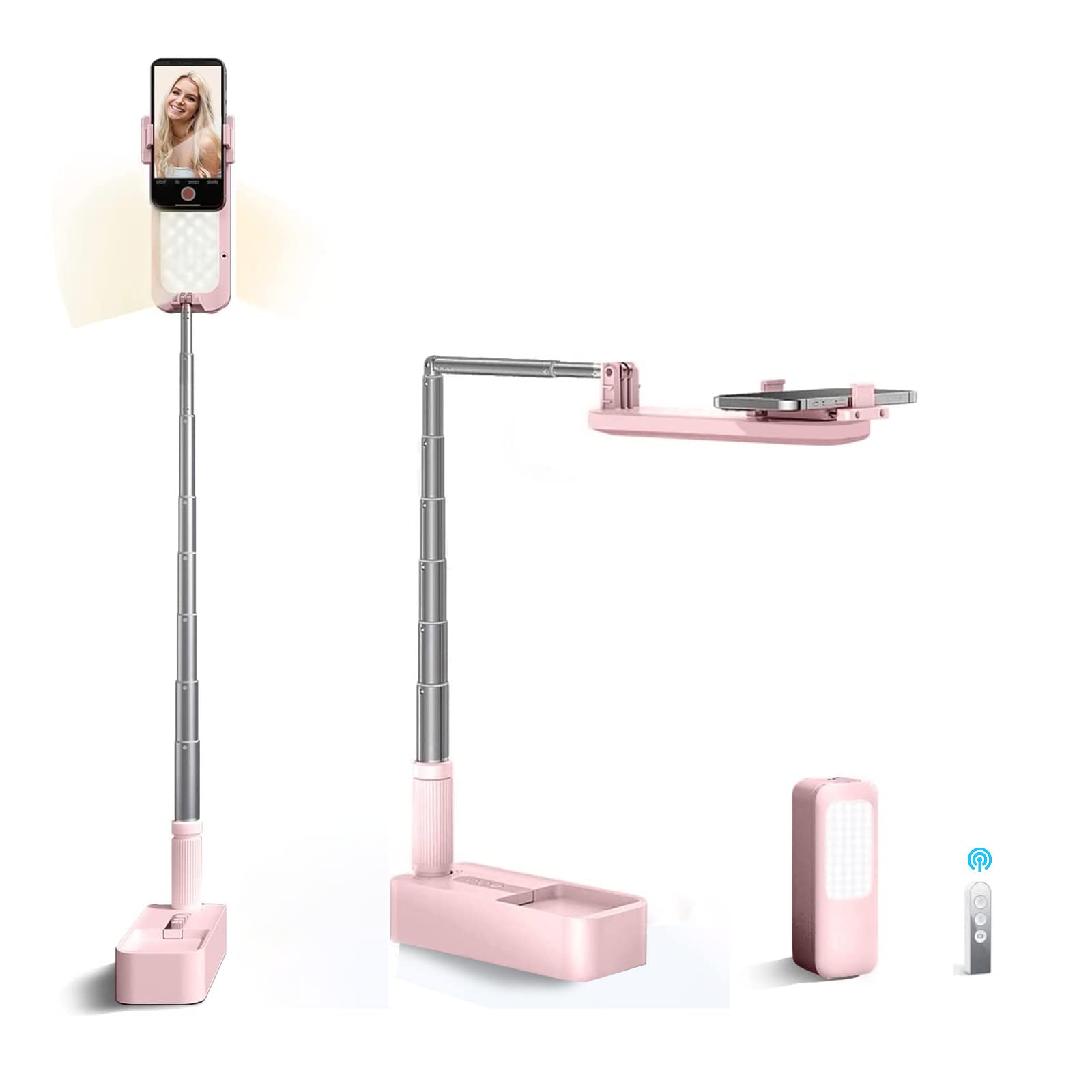 Extendable Selfie Phone Holder, Wireless/Foldable Mobile Stand for Live Streaming/YouTube/Tiktok/Video Recording/Photography/Readin (Pink)