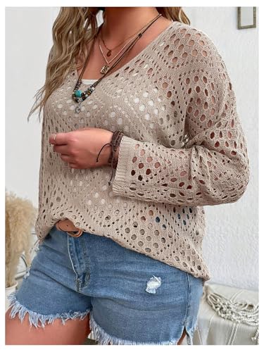 Floerns Women's Plus Size Hollow Out Scoop Neck Knitted Long Sleeve Beach Cover Up3