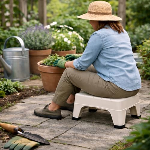 Image of PulGos Pack of 1 Beige Plastic Mini Sitting Stool for Home & Outdoor Use | Compact, Lightweight & Durable Stool for Adults & Kids | Use as Footrest, Side Table, Extra Seating for Living Room