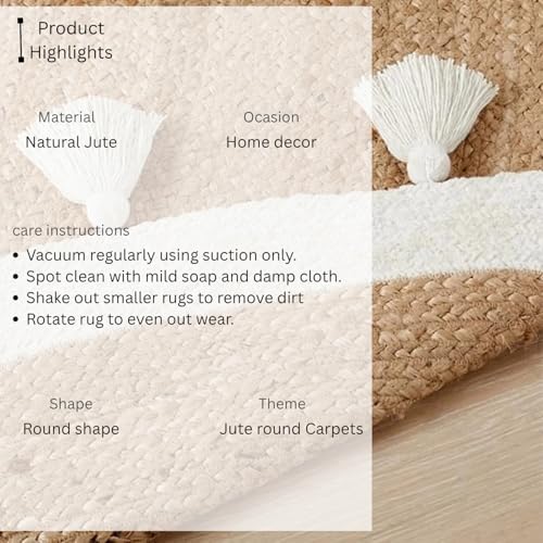 Image of Rounds Jute Carpet - Handwoven Natural Fiber Rug for Living Room, Bedroom, Entryway | Boho Chic Eco-Friendly Area Rug | Rustic Designer Floor Mat:-(Jute White Tassle, 4x4 feet