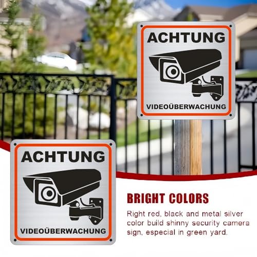 Achtung Videoüberwachung Schild,15 * 15cm Aluminium Schilder Kameraüberwachung, 4 Bohrlöcher,Hinweisschild Videoüberwachung