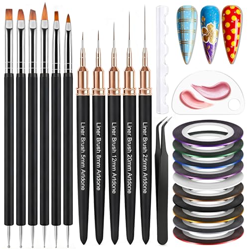 Artdone Nail Striping Tape Lines Kit With Nail Art Pens Dotting Tools And Liner Brushes For Gel Polish Small Detail Drawing Design Paint