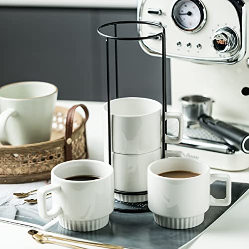 Miamolo Stackable Coffee Mug Set With Stand 11 Oz Tea Cup Set With Tea Spoon White Funny Square Handle Perfect For Coffee Tea Or Latte As A Christmas Gift #TOP4
