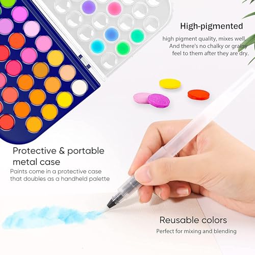 Paint Set, 48 Colors Non-toxic Watercolor Paint with a Brush Refillable a Water Brush Pen and Palette, Washable Water Color Paints Sets for Kids, Adults，and Artists