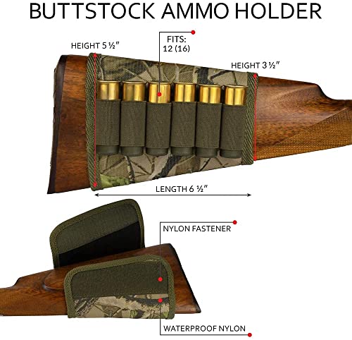 Bronzedog Buttstock Rifle Cartridge Ammo Holder 12 16 Gauge Nylon Camo Shell Holder Hunting Pouch Shotgun Stock Right Handed (Green Oak Camo) #TOP1