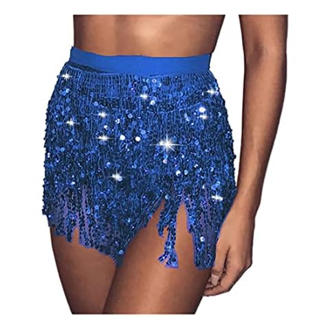Bramian Boho Sequin Belly Dance Skirt Hip Belt Tassel Skirt Hip Wrap Scarf Rave Music Festival Costume for Women Girls (Royal Blue) Cover
