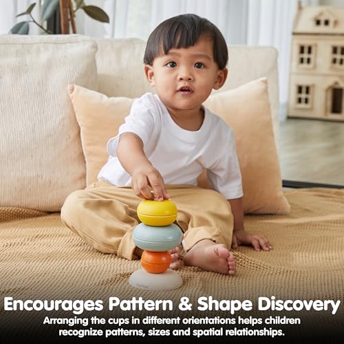 Image of PlanToys Stacking Cups Ring Wooden Montessori Size and Colour Sorting Toy | Fine Motor, Early Math and Coordination Development | Eco Friendly Educational Activity for Toddlers