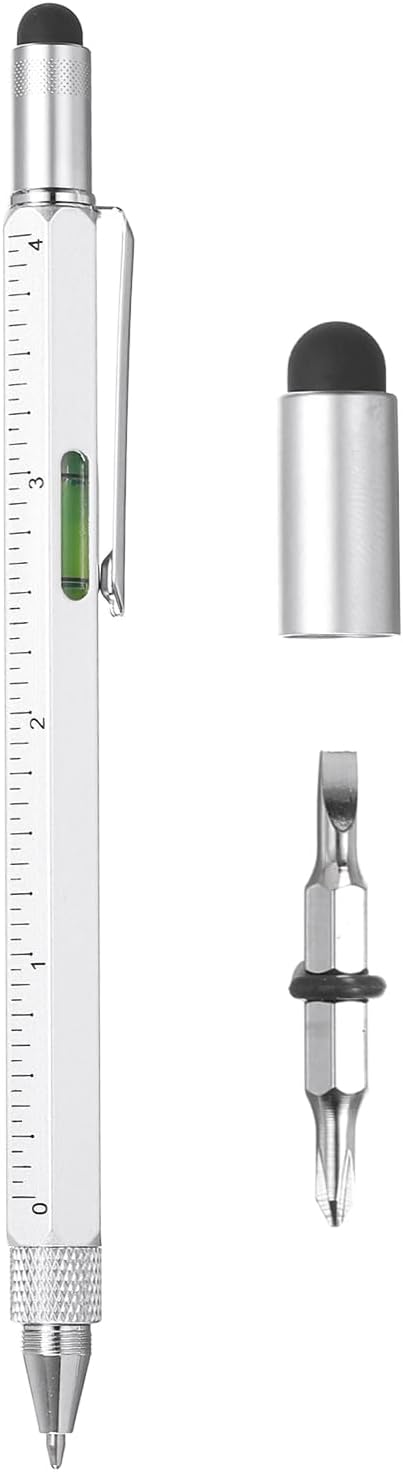 MECCANIXITY 6 in 1 Metal Multitool Tech Tool Pen Gifts for Men with Ballpoint Pen, Ruler, Screwdriver, Stylus, Level Gauge for Christmas,White