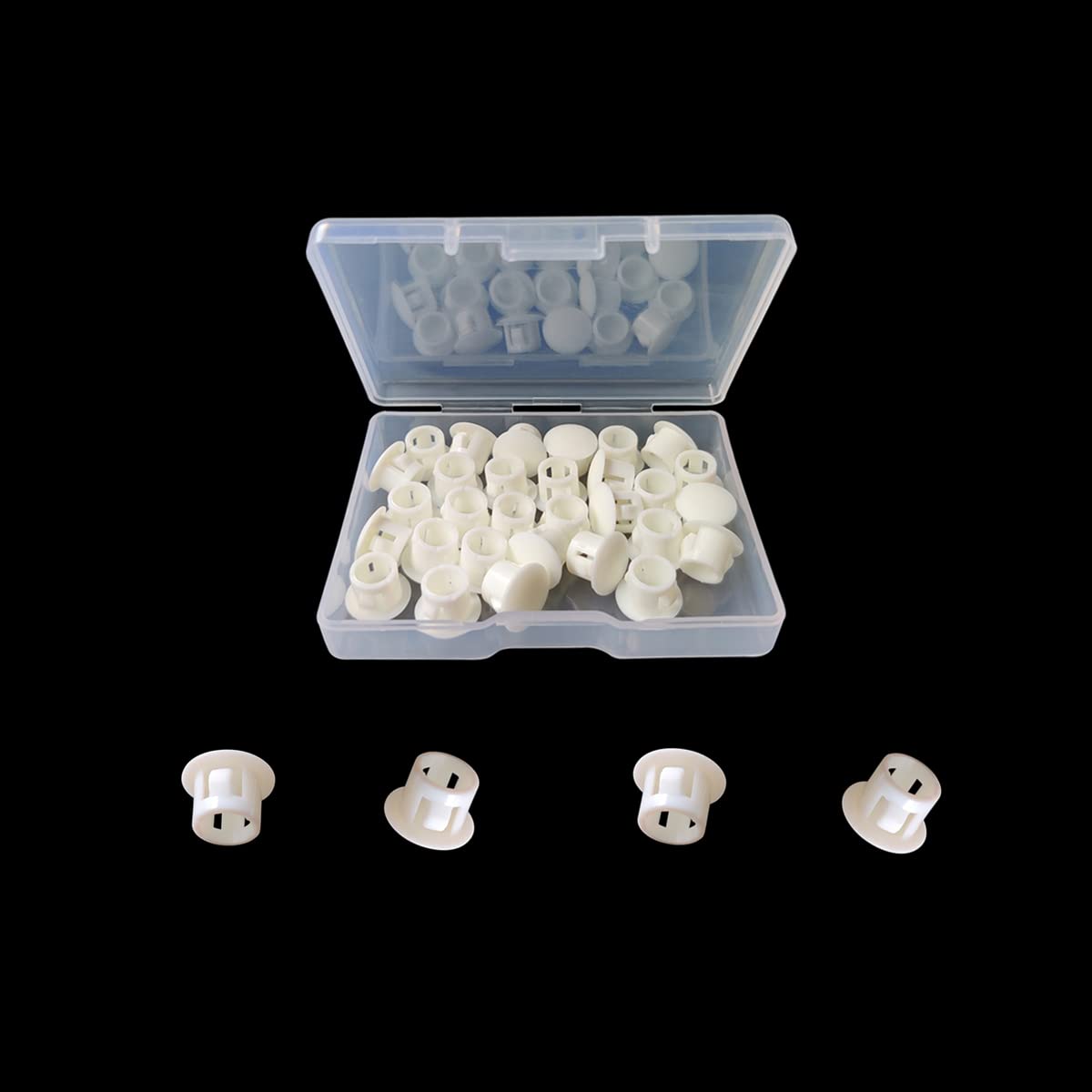 Alamic 5/16 Plastic Flush Type Hole Plugs - Snap in Locking Hole Tube Screw Caps - Drilling Cover Plugs - Fastener Covers for Kitchen Cabinet Furniture - White - 100 Pack