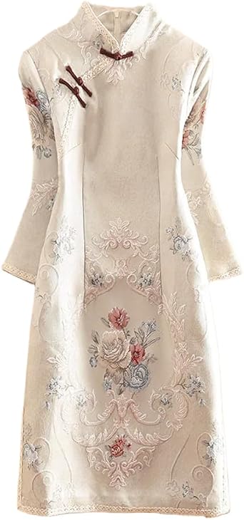 LIXINGHEITANG Autumn Women Patchwork Dress Cheongsam Ethnic Retro Elegant Jacquard Lady Party Qipao