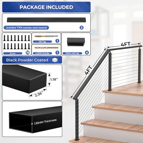 Image of Modular 2Pack 4FT Stainless Steel T304 Black Handrail for Cable Railing with Nylon End Cap Kits, 2.36 inch W x 1.18 inch H Cuttable Flat Handrail Rectangular Top Rail for Stair Railing Indoor Outdoor