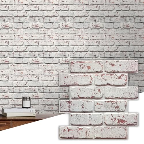 Commomy Faux Brick Peel and Stick Tiles - 10 pcs of 11.8' x 11.8' Small Size Thin PVC 3D Brick Wall Panels Whitewash Brick Backsplash for Kitchen, Living Room, Fireplace, Bedroom, Interior Wall Decor