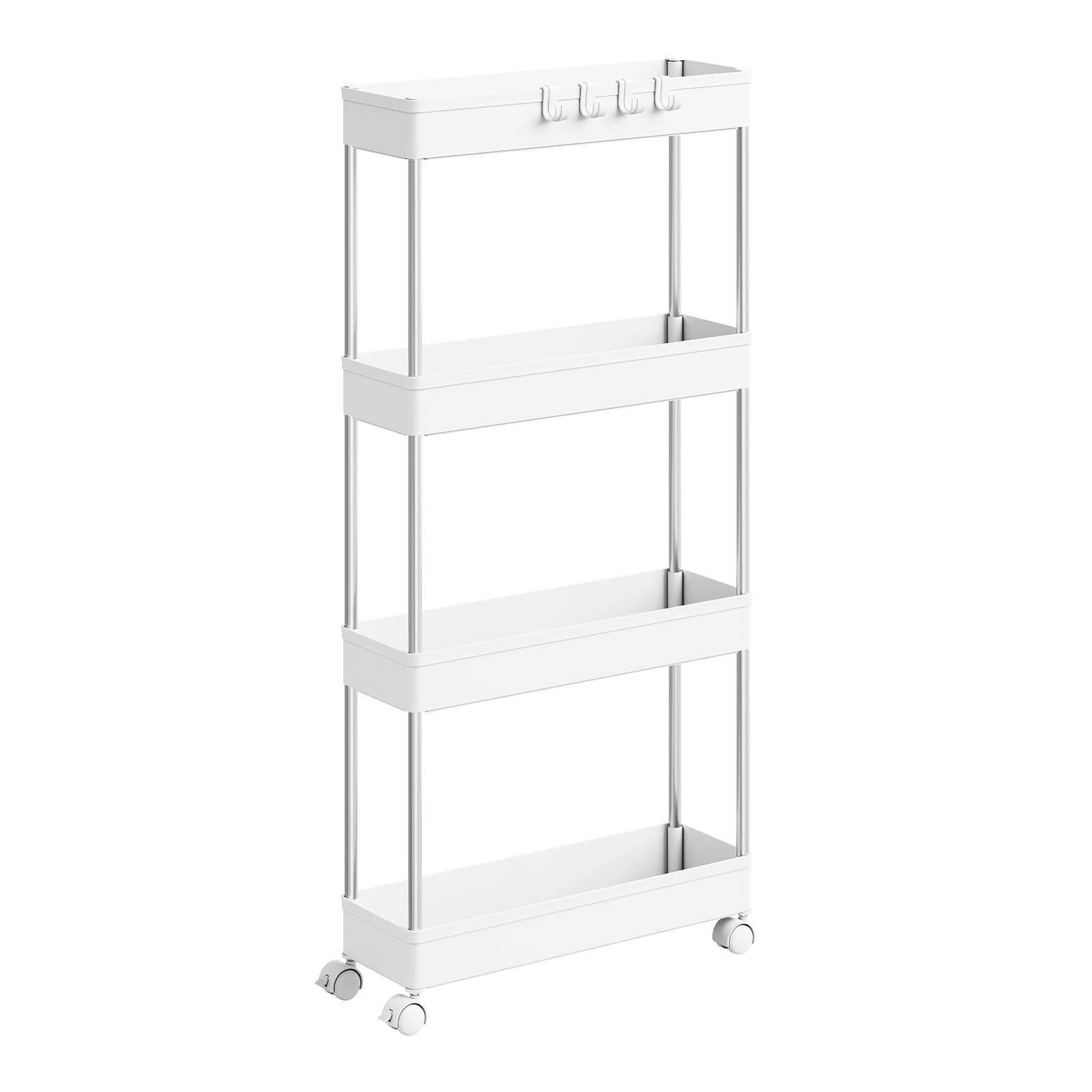 WOLTU Carrello da Cucina a 4 Ripiani, Carrello Portaoggetti con Ruote e 4 Ganci, Carrellino Salvaspazio per Cucina, Bagno e Lavanderia, in Plastica e Metallo, 41,5 x 86 x 13,5 cm, Bianco