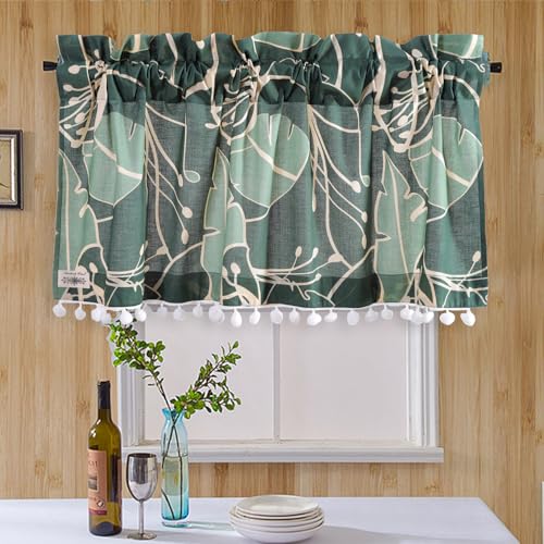 Image of Ravaiyaa - Attitude is everything Hand Printed Half Window Kitchen Curtain 100% Cotton Short Drapery Valance Curtain 40 inch X 18 inch Inch (Green Abstract)