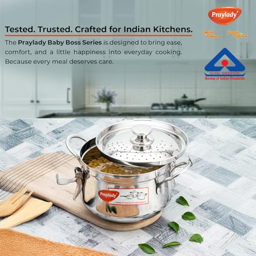 Image of Praylady Baby Boss Chef-Grade Stainless Steel Strainer Pot | 6L | 24 CM | Lock-&-Pour Lid | Induction Compatible | Cook & Drain Pot for Pasta, Rice, Maggi & Spaghetti | ISI & BIS Certified