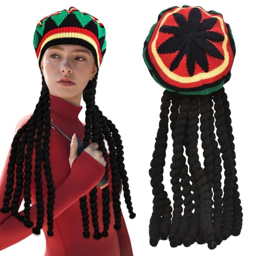 FUIPVGI 1 Piezas Sombrero Rasta Dreadlocks, Sombrero Reggae Rasta, Accesorios de Peluca de Rastas Jamaicanas, Sombrero Largo trenzado, Gorro de...