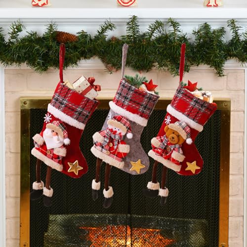 KEORHEZ Calcetín de Navidad personalizado, 3 unidades, 34 x 18 cm, decoración navideña para colgar y rellenar, decoración navideña