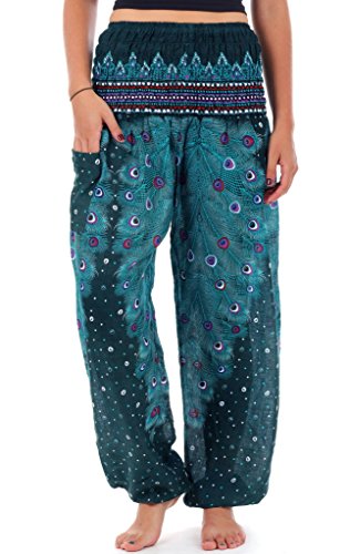 Teal Harem Pants for Women in Boho Hippie Plume Print - Authentic Thai Genie Yoga Pants - Medium