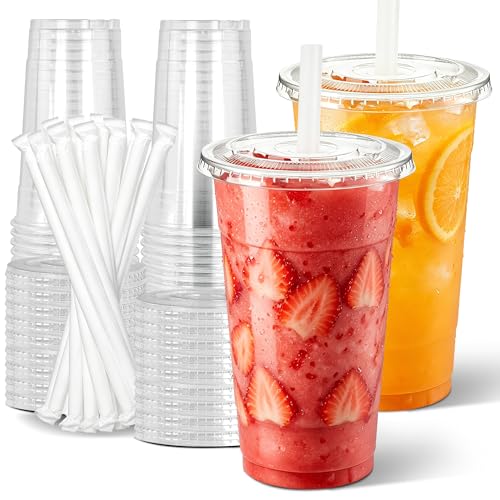 Ginkgo 32 oz Clear Plastic To Go Cups with Lids and Wide Straws 25 Pack Sturdy & Leak-Proof Disposable Iced Coffee Cups for Smoothies Boba Tea Dirty Soda & Cold Drinks