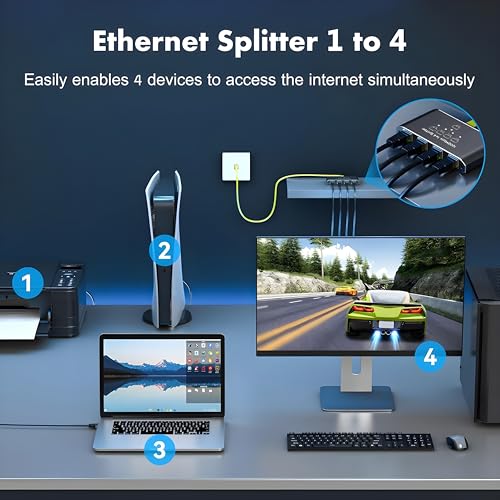 Image of Ethernet Splitter 1 to 4,1000Mbps High Speed Network Splitter,LAN Splitter 2 Port with USB Power Cable,for Cat 5 /5e /6 /7 /8 Cable, 4 Devices Simultaneous Networking, Internet Switch 1 in 4 Out