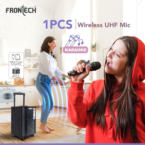 Image of FRONTECH Nocturn Lite Trolley Speaker | 80W Powerful Sound | Wireless Microphones | USB /TF /Bluetooth /FM | Guitar & MIC Input | Rechargeable Battery (SW-0221, Black)