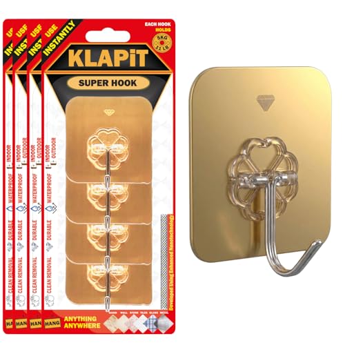 Image of KLAPiT Super Hook - Heavy Duty Adhesive Wall Hooks, No Drilling, Waterproof, Damage-Free Hanging Solution for Bedroom, Bathroom, and Kitchen Items - Gold, 16 pcs.
