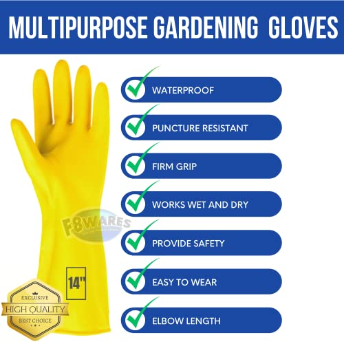 F8WARES Thick And Heavy Duty Latex Rubber Gardening Gloves - Garden Gloves - Long Hand Gloves For Gardening Work Holding Gardening Tools Pack 1 Pair Yellow (Large, 14Inch Length), Pack of 1