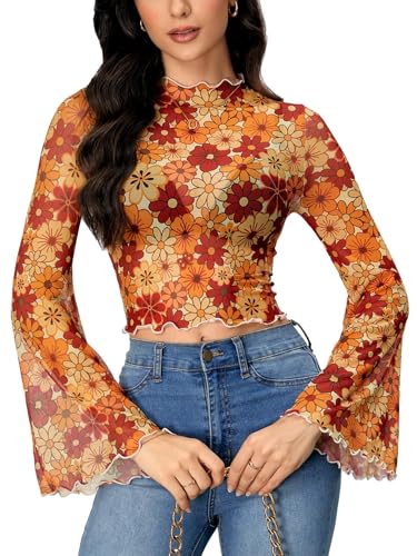 Verdusa Women's Bell Sleeve Lettuce Trim Mock Neck...