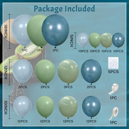 Image of Blue and Green Balloon Arch Kit 107Pcs Dusty Blue Sage Green Balloons Garland Retro Slate Haze Fog Pale Gray Birthday Party Balloons for Boys Rustic Navy Woodland Jungle Baby Shower Decorations