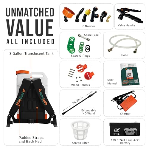 PetraTools 3 Gallon Battery Powered Backpack Sprayer in Lawn and Garden - HD3000 - Long Battery Life & Padded Straps for Comfort - Electric Sprayer w/ 6 Spray Nozzles & 80PSI (3 Gallon)