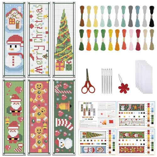 Image of FREEBLOSS 6 Set Cross Stitch Bookmark Counted Cross Stitch Kit with 6 Different Christmas Patterns Embroidery Kit with Instruction DIY Bookmark Kit for Gift Adults 8''x2.4''