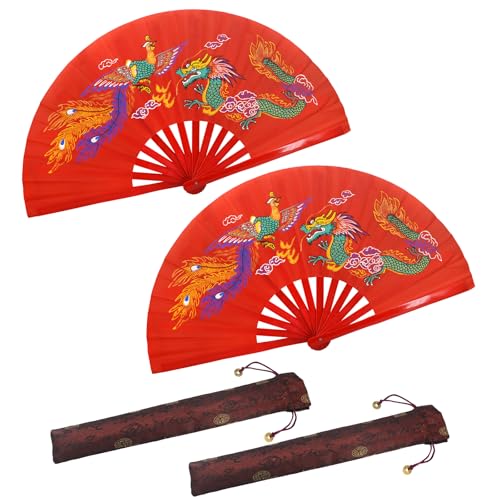 Abanico de Kung Fu de dragón chino – Ventilador de mano plegable de bambú de 13 pulgadas para artes marciales, tai chi y danza con diseño de dragón auspicioso (2, rojo)