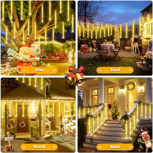 JMEXSUSS Solar Meteor Shower Lights Outdoor, 8 Tube 144 LEDs Warm White Solar Christmas Lights for Tree Eave Xmas Holiday Party Patio House Wedding Decor