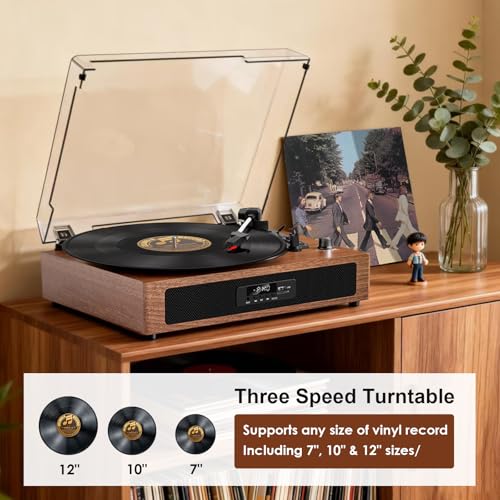 Image of Vintage Vinyl Record Player with Bluetooth & Built-in Speakers, 3-Speed Belt-Drive Turntable with USB Recording, RCA Out & AUX-in, Walnut