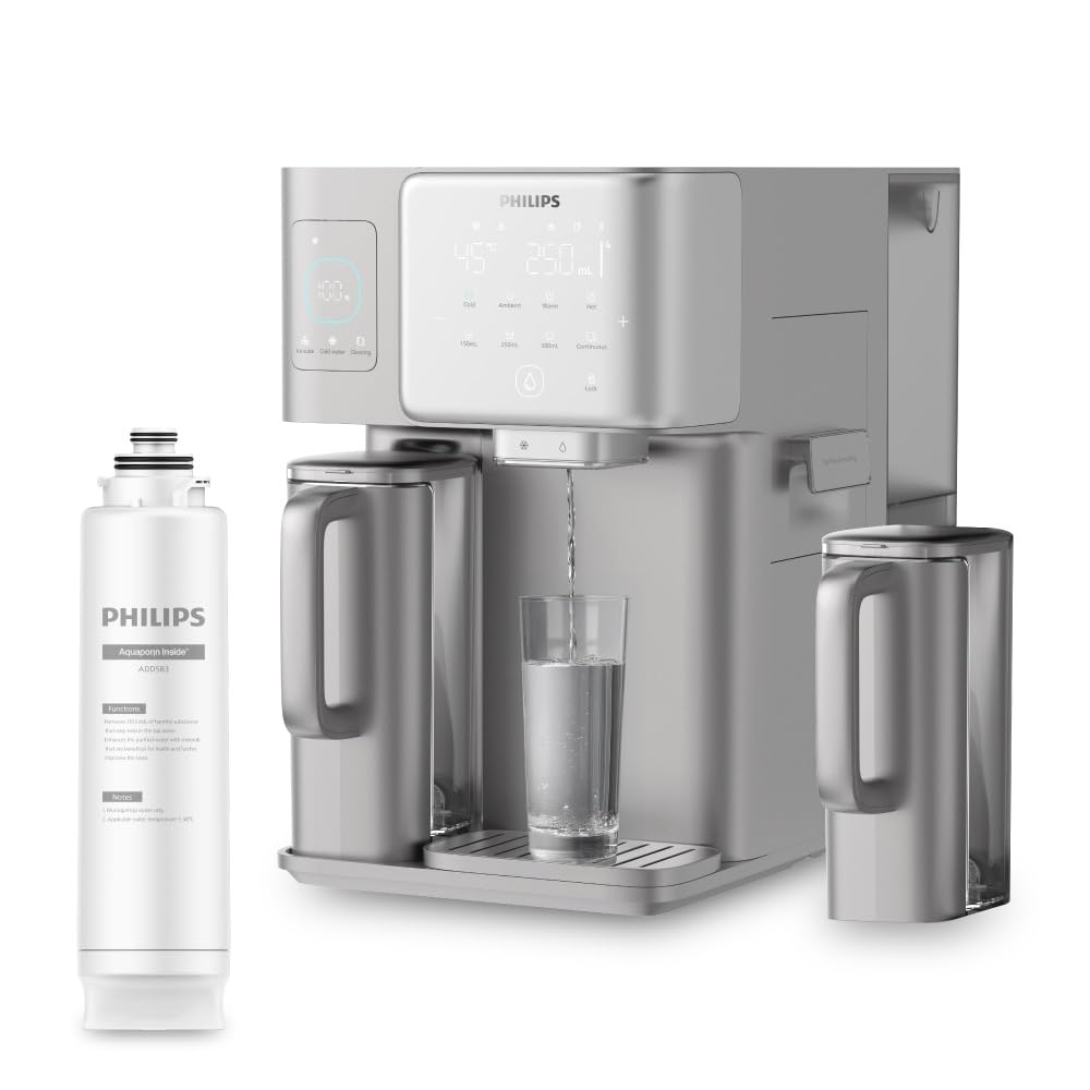 Philips Station d'eau à osmose inverse, eau chaude et froide instantanée, machine à glaçons intégrée, UV-C, reminéralisation, moniteur TDS, réservoir de 6 litres, durée de vie du filtre d'un an.