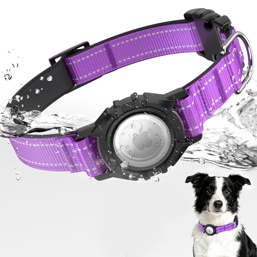 Image of AirTag Dog Collar, IP68 Waterproof Air Tag Dog Collar Holder (Purple, L) | Air Tag Dog Collars Reflective, Ultra-Durable, Comfortable Padded, Heavy Duty Dog Collars Collars for Small - Large Dogs
