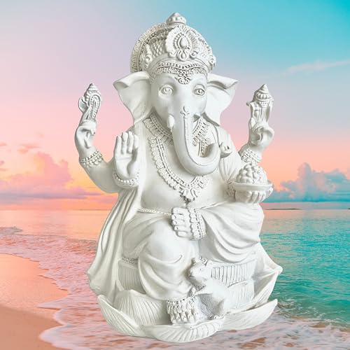 Bellaa 20957 Sri Ganesh Statue Elephant Headed Hindu Deity Gana Isha Lord Ganapati Blessing Idol Sitting on Lotus Indian Gift Good Luck God Success Marble Powder 7 inch