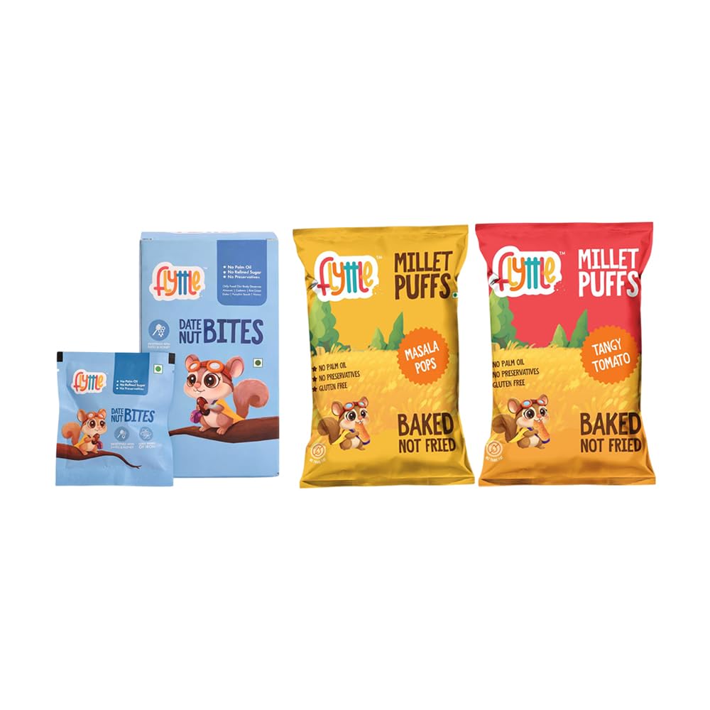 Flyttle Combo Date Nut Bites with Millet Puff Tangy Tomato & Masala Pop Snack Pack Sweet Dates Snack with Baked Millet Puffs Ready to Eat Mixed Combo for Everyday Use-image-3