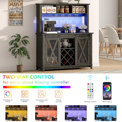 Image of 47 inchWide 56 inchH Farmhouse Coffee Bar Cabinet with Power Outlet and LED Light,Wine Bar Cabinet w /3 Storage Hutch,Kitchen Buffet Cabinet with 10 Wine and Glass Racks for Kitchen Dining Room(Dark Oak)
